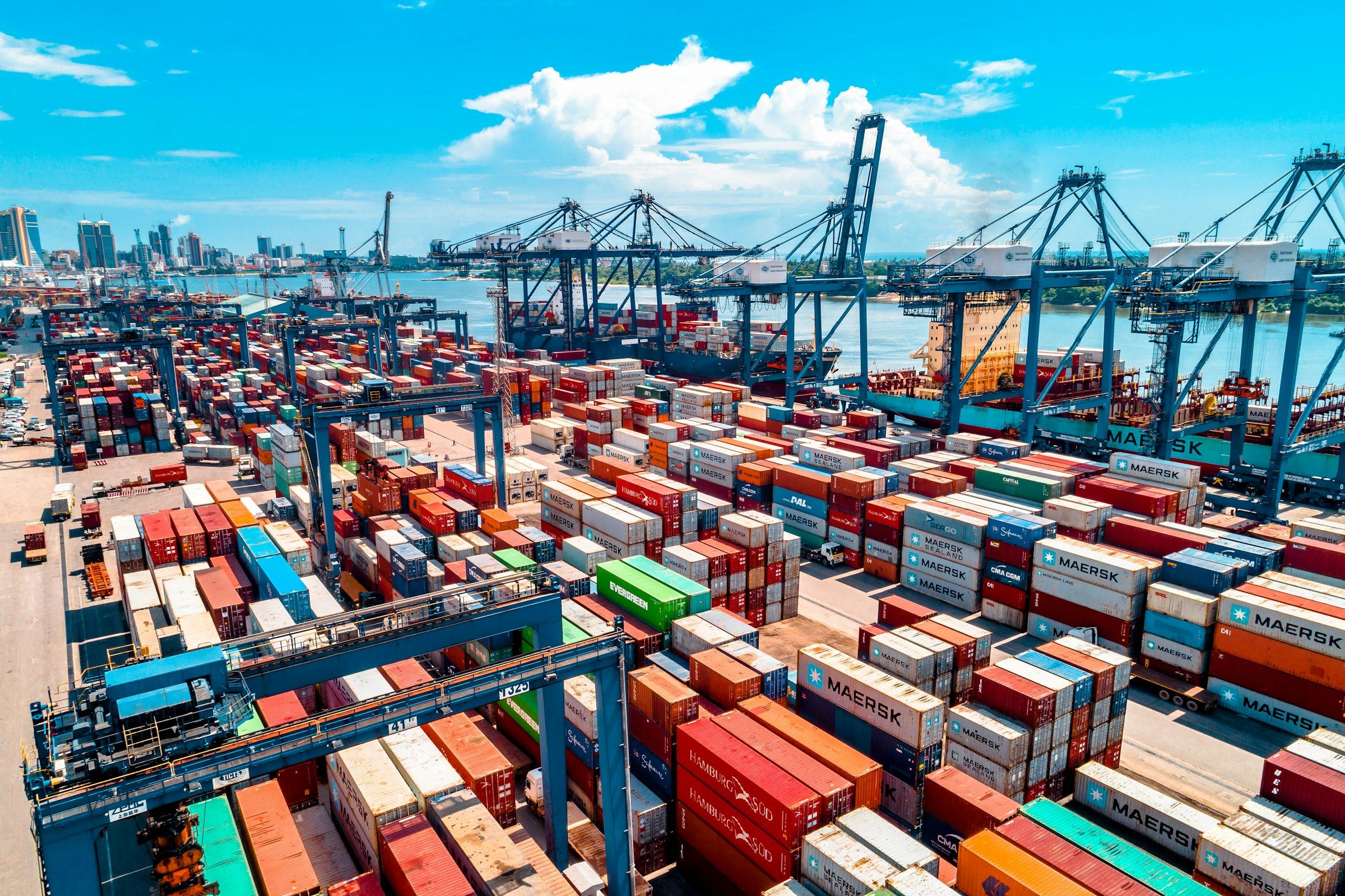 Shipping containers stacked at a container port