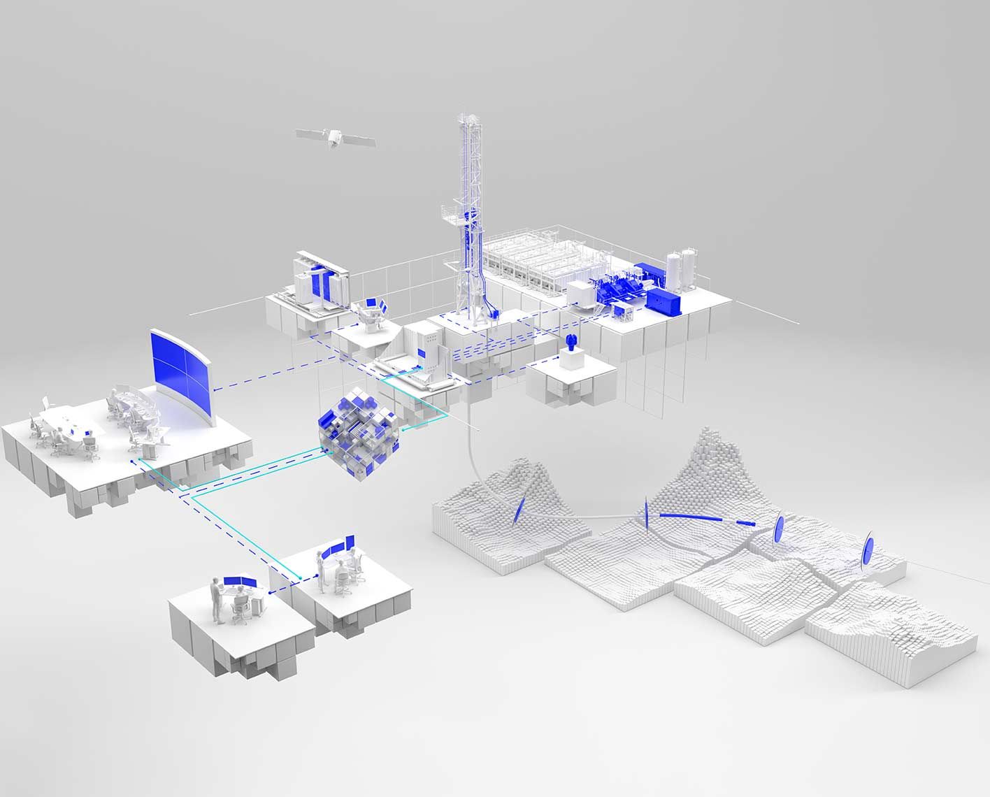 A rendering of a drilling rig connected to a remote operations centre