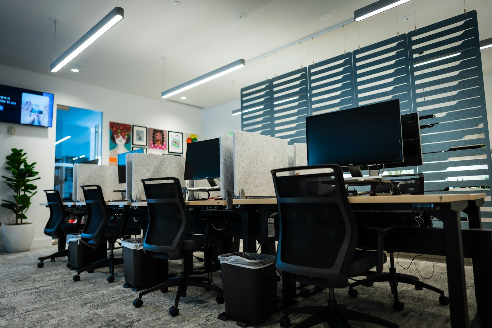 Rows of empty desks and office chairs in an open-plan office